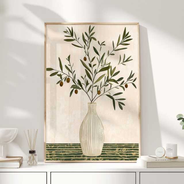 Olive Branch Wall Art - Mediterranean Kitchen Print Rustic Botanical Poster Tuscan Style Vase Artwork - image 1