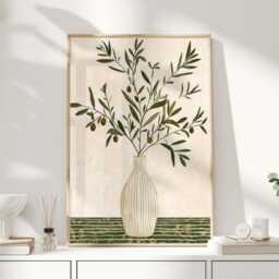 Olive Branch Wall Art - Mediterranean Kitchen Print Rustic Botanical Poster Tuscan Style Vase Artwork - thumbnail 1