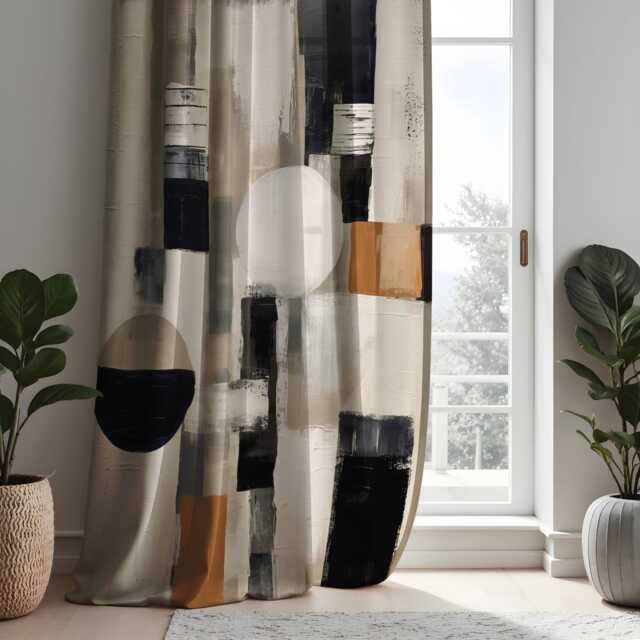 Modern Abstract Curtains, Bold Geometric Shape Drapes, Black & Beige Circle & Square Motifs, Minimalist Window Drapes - image 1