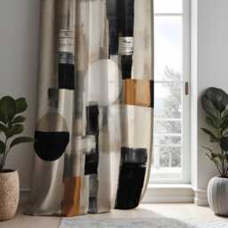 Modern Abstract Curtains, Bold Geometric Shape Drapes, Black & Beige Circle & Square Motifs, Minimalist Window Drapes