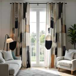 Modern Abstract Curtains, Bold Geometric Shape Drapes, Black & Beige Circle & Square Motifs, Minimalist Window Drapes - thumbnail 2