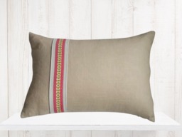 Linen Lumbar Pillow Cover - Tan With Pink Stripe, Farmhouse Decor - thumbnail 1