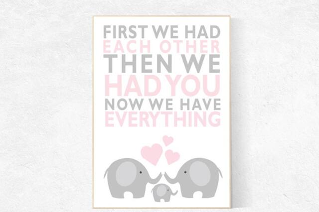 Elephant Family Nursery Art Print Pink & Gray Decor - image 1