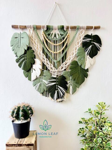 Monstera Green Leaf Macrame Large Wall Hanging, Art, Painting On The - image 1