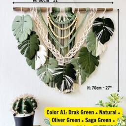 Monstera Green Leaf Macrame Large Wall Hanging, Art, Painting On The - thumbnail 3