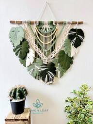 Monstera Green Leaf Macrame Large Wall Hanging, Art, Painting On The - thumbnail 1