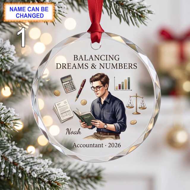 Balancing Dreams & Numbers Christmas Glass Ornament, Custom Accountant Keepsake With Calculator, Ledger, Scales & Office Tools - image 1