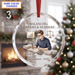Balancing Dreams & Numbers Christmas Glass Ornament, Custom Accountant Keepsake With Calculator, Ledger, Scales & Office Tools - thumbnail 3