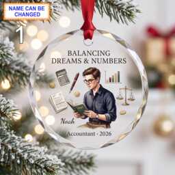Balancing Dreams & Numbers Christmas Glass Ornament, Custom Accountant Keepsake With Calculator, Ledger, Scales & Office Tools - thumbnail 1