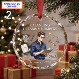 Balancing Dreams & Numbers Christmas Glass Ornament, Custom Accountant Keepsake With Calculator, Ledger, Scales & Office Tools - thumbnail 2
