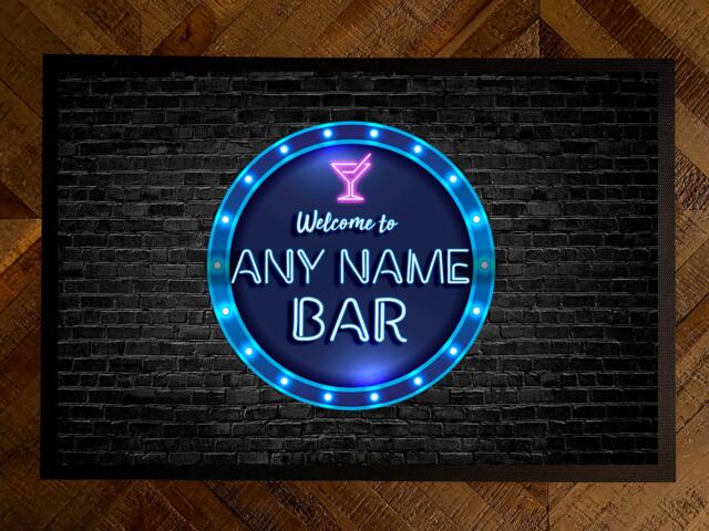 Personalised Bar Door Mat 60 X 40cm, Non Slip Neon Blue Circle Home Bar Pub Indoor - image 1