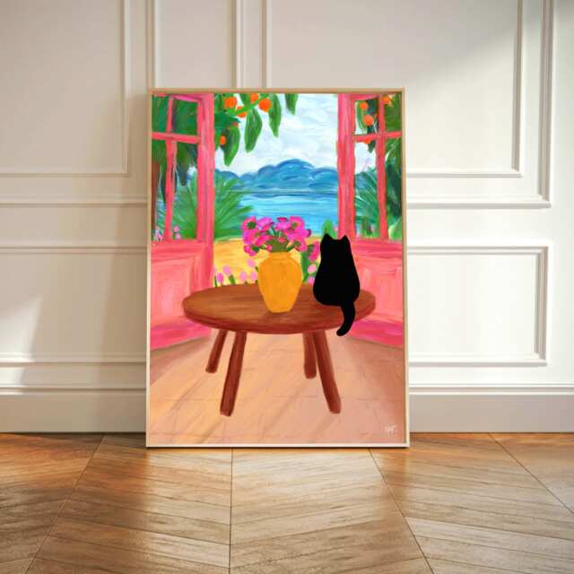 Beach View Cat Art Print Colourful Feline Illustration - image 1