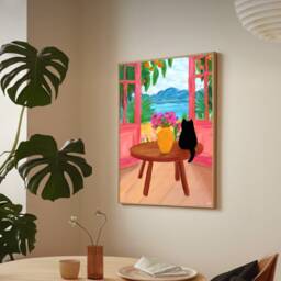 Beach View Cat Art Print Colourful Feline Illustration - thumbnail 3
