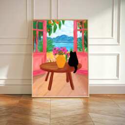 Beach View Cat Art Print Colourful Feline Illustration - thumbnail 1