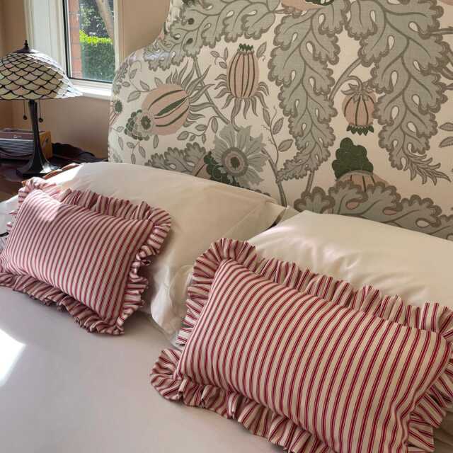 Set Of 2 Red Ticking Stripe Lumbar Cushion Covers, Bolster Pillows, Farmhouse Decor - image 1