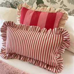 Set Of 2 Red Ticking Stripe Lumbar Cushion Covers, Bolster Pillows, Farmhouse Decor - thumbnail 2