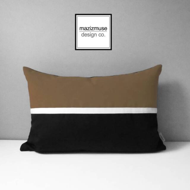 Cocoa Brown & Black Sunbrella Outdoor Pillow Cover in Modern Color Block & White Trim, Masculine Throw Cushions For Patio Deck, Mazizmuse - image 1