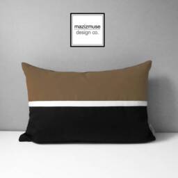 Cocoa Brown & Black Sunbrella Outdoor Pillow Cover in Modern Color Block & White Trim, Masculine Throw Cushions For Patio Deck, Mazizmuse - thumbnail 1