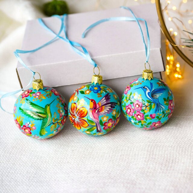 Hand Painted Set Of Hummingbird Ornaments 3 Pcs - Ukrainian Christmas With Birds, Tree Balls Petrykivka - image 1