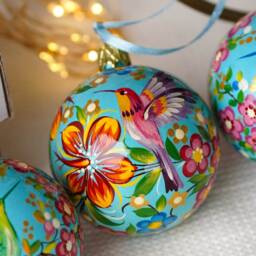 Hand Painted Set Of Hummingbird Ornaments 3 Pcs - Ukrainian Christmas With Birds, Tree Balls Petrykivka - thumbnail 3