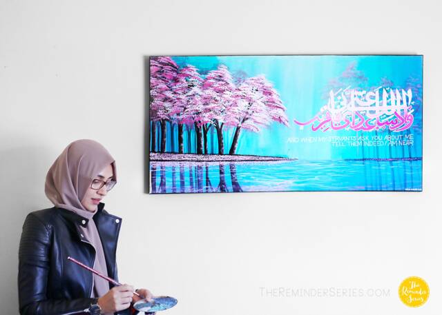 Islamic Calligraphy Painting Pink Cherry Blossom Tree Canvas Art - image 1