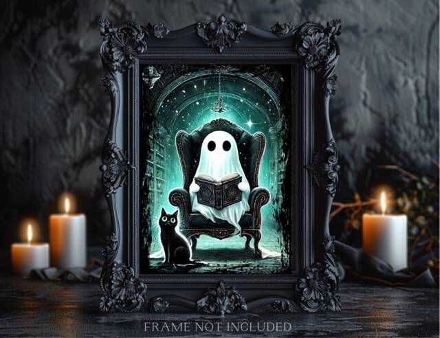 Funny Ghost Print, & Black Cat, Reading Books, Victorian, Gothic Home Decor, Cat Lover, Book Library Wall Art, A5 A4 A3 - image 1