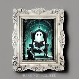 Funny Ghost Print, & Black Cat, Reading Books, Victorian, Gothic Home Decor, Cat Lover, Book Library Wall Art, A5 A4 A3 - thumbnail 2