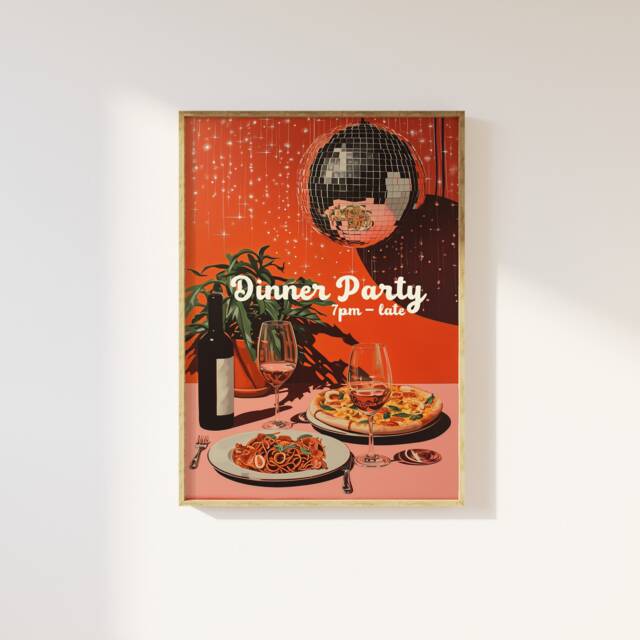 Dinner Party 7Pm Till Late Trendy Retro Print - Disco Ball, 90S Cool Kitchen Dining Room Funky Colourful Wall Art Poster, Wine - image 1