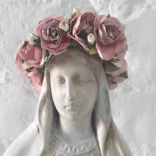Handmade Virgin Mary Statue With Floral Wreath - French Shabby Chic Decor - image 1