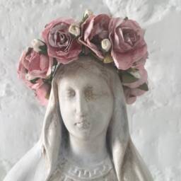 Handmade Virgin Mary Statue With Floral Wreath - French Shabby Chic Decor - thumbnail 1