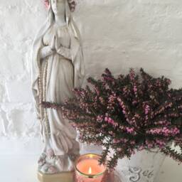 Handmade Virgin Mary Statue With Floral Wreath - French Shabby Chic Decor - thumbnail 3