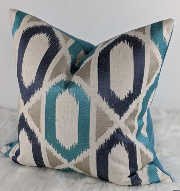 John Lewis Juana Embroidered Geometric Turquoise Blue Cushion Cover/ Throw Cover. Scandi Style Pillow Case - image 1