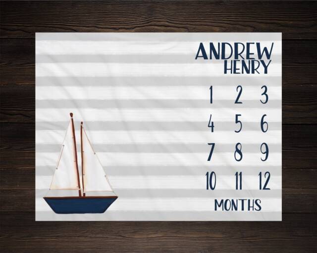 Nautical Baby Milestone Blanket Month Growth Tracker Fleece Shower Newborn Gift Boy Sail Boat Nursery - image 1