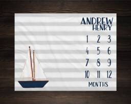 Nautical Baby Milestone Blanket Month Growth Tracker Fleece Shower Newborn Gift Boy Sail Boat Nursery - thumbnail 1