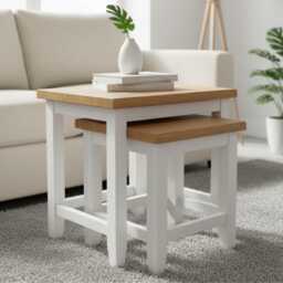 Nest Of 2 Oak Top Tables - White Painted Nesting Side Ready Assembled