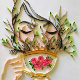 Handmade Tea Cup Quilling Paper Wall Art, Floral Home Decor - thumbnail 2