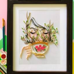 Handmade Tea Cup Quilling Paper Wall Art, Floral Home Decor - thumbnail 3