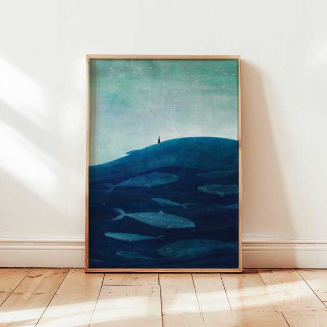Surreal Whale Ocean Art Print Dreamy Blue Sea Poster Minimalist Nature Wall Decor Unframed Fantasy Landscape Illustration - image 1