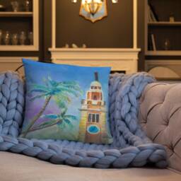 Pastel Painting Hong Kong Clock Tower With Coconut Trees Basic Pillow - thumbnail 3