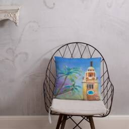 Pastel Painting Hong Kong Clock Tower With Coconut Trees Basic Pillow