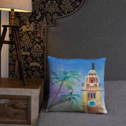 Pastel Painting Hong Kong Clock Tower With Coconut Trees Basic Pillow - thumbnail 2