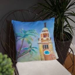 Pastel Painting Hong Kong Clock Tower With Coconut Trees Basic Pillow - thumbnail 4