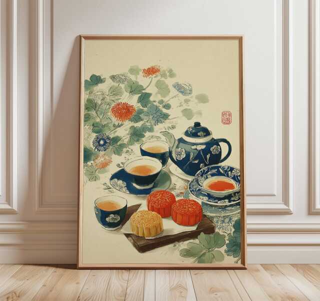 Chinese Mooncake Art Print, Traditional Dessert & Tea Poster, Mid-Autumn Festival Wall Art, Asian Kitchen Decor, Elegant Food Illustration - image 1