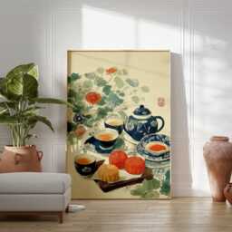 Chinese Mooncake Art Print, Traditional Dessert & Tea Poster, Mid-Autumn Festival Wall Art, Asian Kitchen Decor, Elegant Food Illustration - thumbnail 3