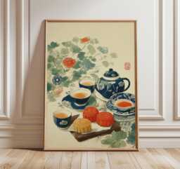 Chinese Mooncake Art Print, Traditional Dessert & Tea Poster, Mid-Autumn Festival Wall Art, Asian Kitchen Decor, Elegant Food Illustration - thumbnail 1