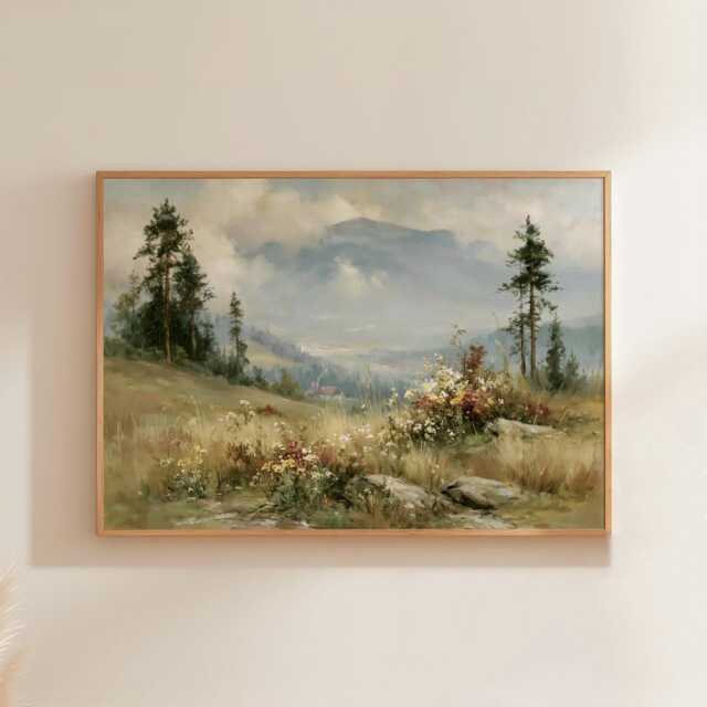 Mountain Meadow Poster, Pine Landscape Print, Nature Wall Art, Paper - image 1