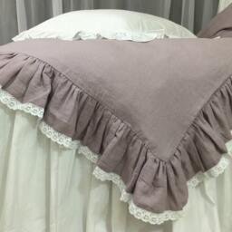 Orchid Linen Ruffle Duvet Cover With Lace Hem, Lace Duvet Cover, Ruffle Linen Bedding - thumbnail 3