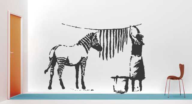 Banksy Wall Decal Zebra Stripes Laundry, Graffiti Art, Sticker Stencil Style, Urban Home & Office Decor - image 1
