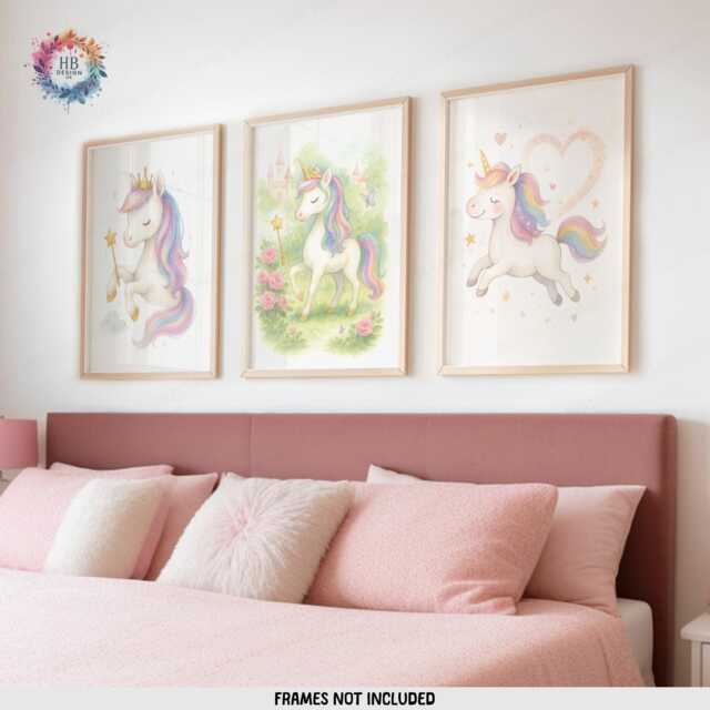 Unicorn Nursery Artwork - Set Of 3 - Girls Bedroom Prints Rainbow Unicorns Wall Art Posters - image 1