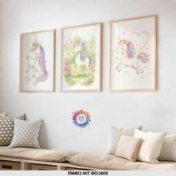Unicorn Nursery Artwork - Set Of 3 - Girls Bedroom Prints Rainbow Unicorns Wall Art Posters - thumbnail 2